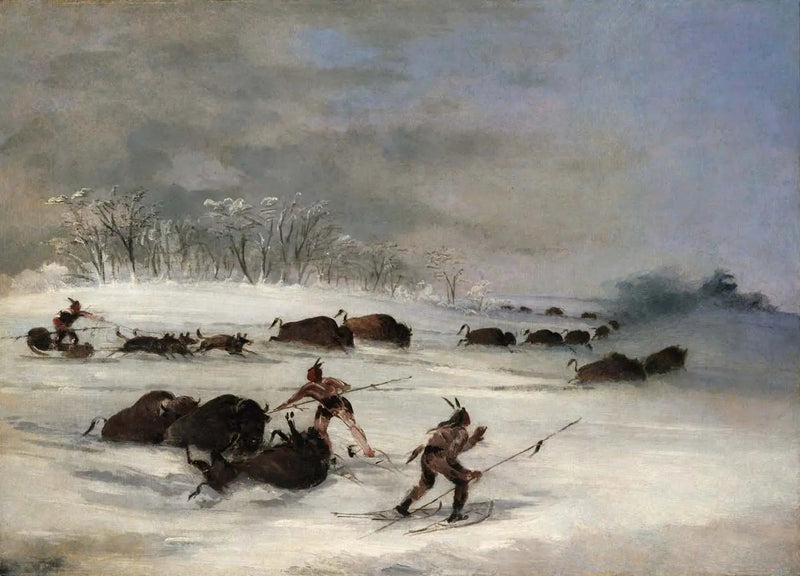 Indiens Sioux en raquettes lançant des bisons - George Catlin