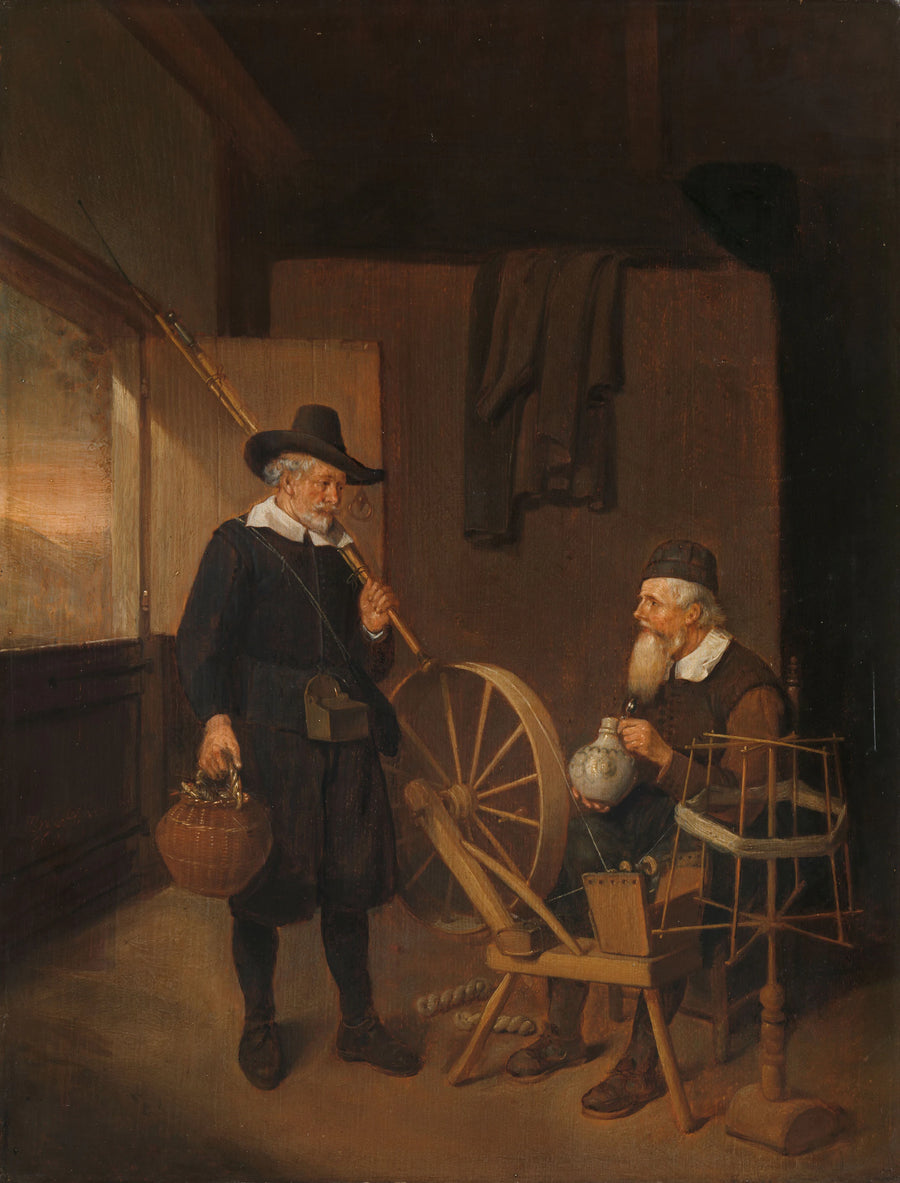 Intérieur avec pêcheur et homme au moulinet et au moulinet. - Quirijn van Brekelenkam
