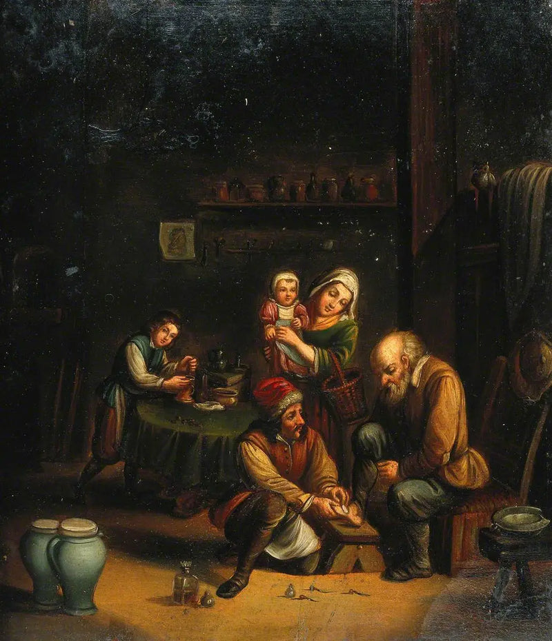 Intérieur avec un chirurgien soignant le pied d'un homme et trois autres personnages - David Teniers le Jeune