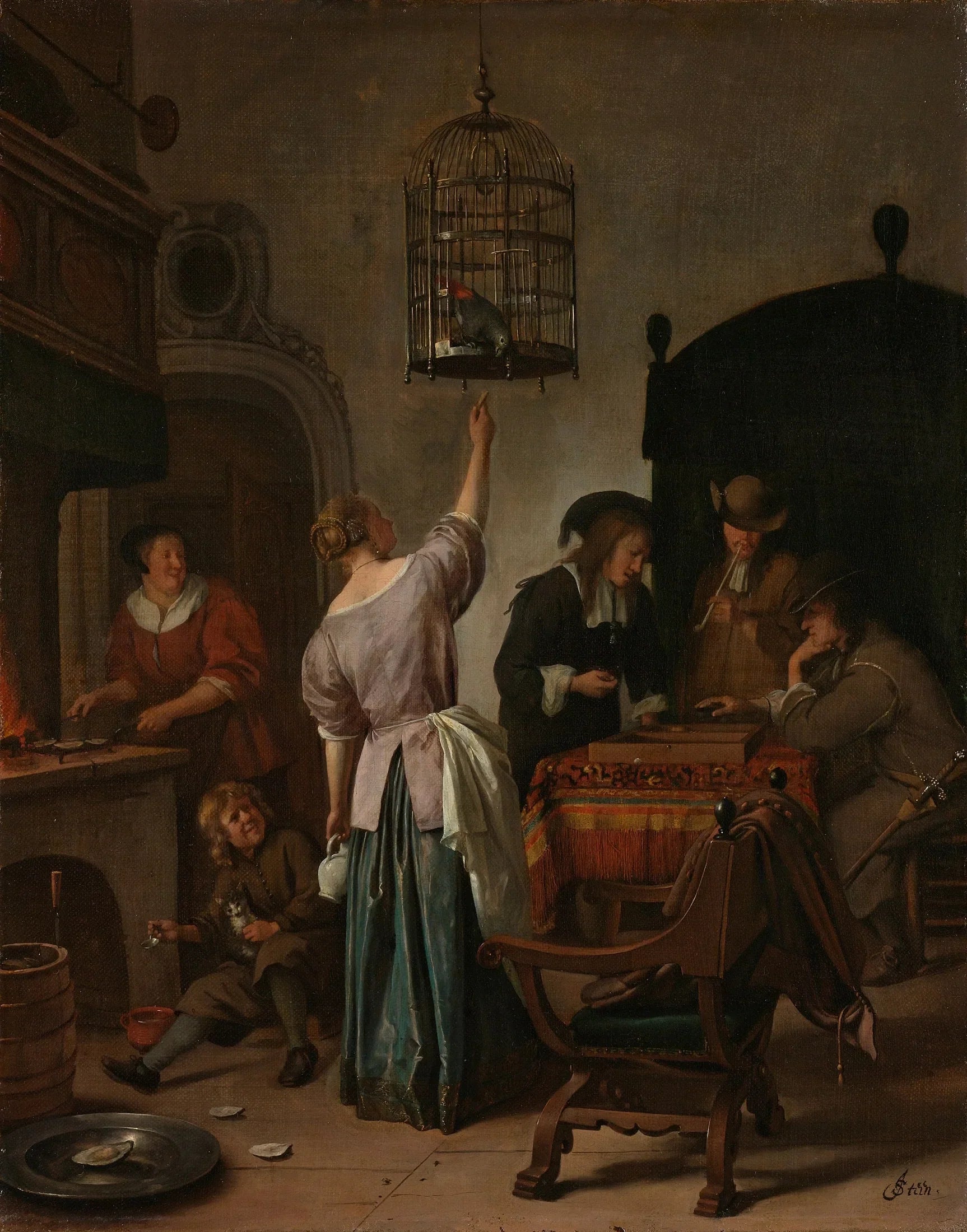 Intérieur avec une femme nourrissant un perroquet, connu sous le nom de « La cage à perroquets » - Jan Steen image 1 copie peinte à la main à l’huile