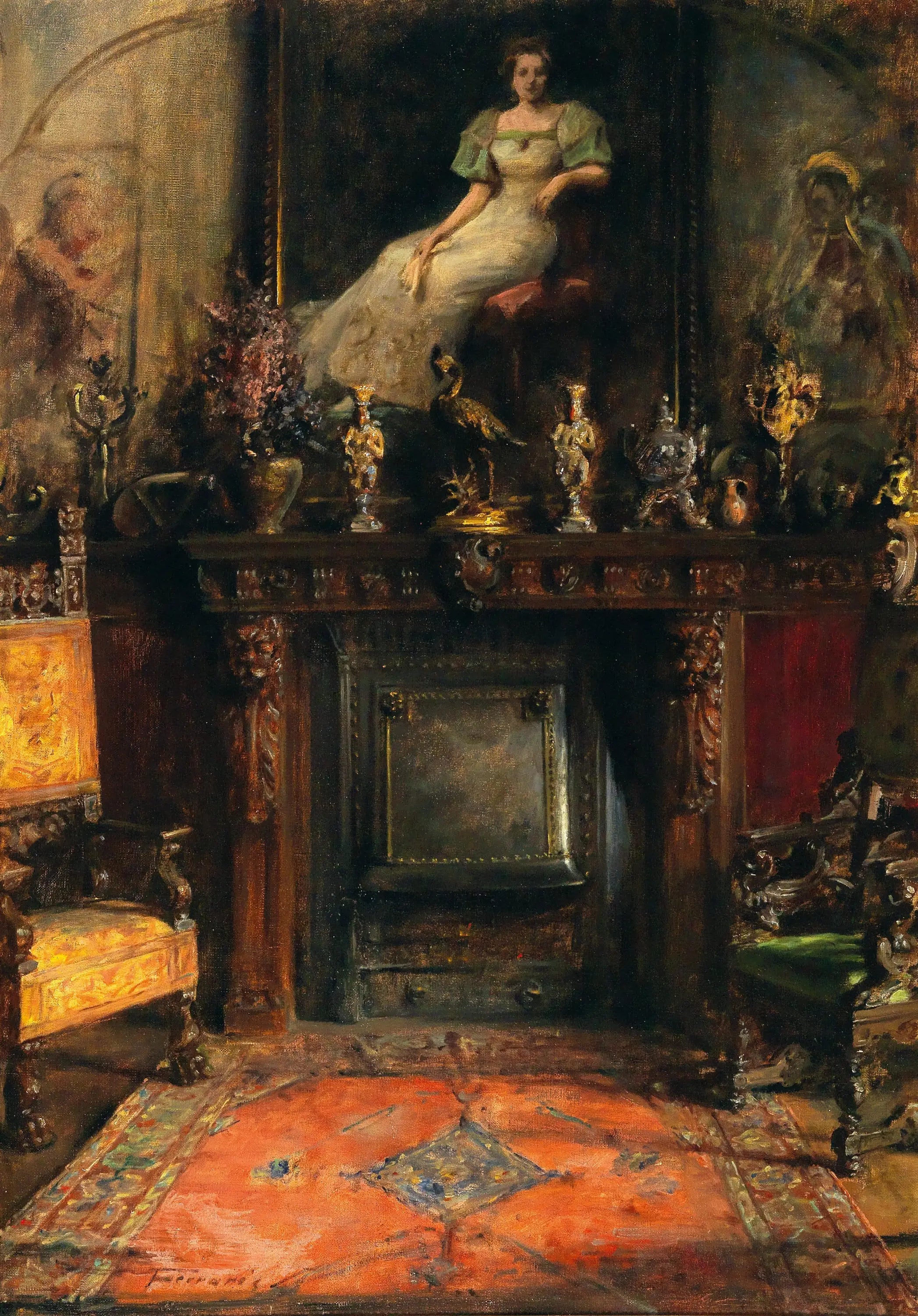Intérieur avec vue sur une cheminée et un tableau - Artur Ferraris image 1 tableau peint à l’huile sur toile