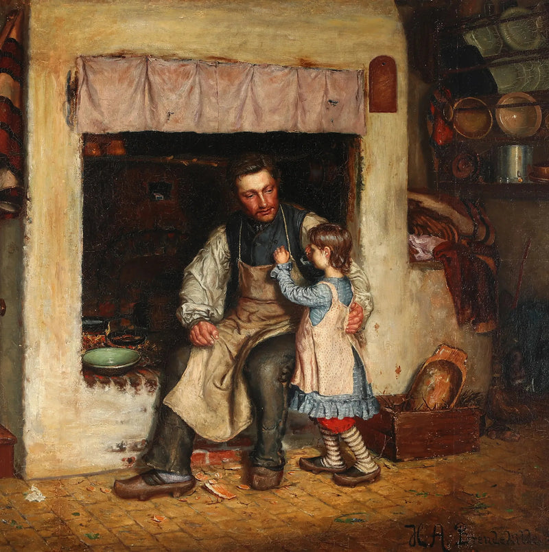 Intérieur d'une cuisine avec une petite fille et un homme. - H. A. Brendekilde