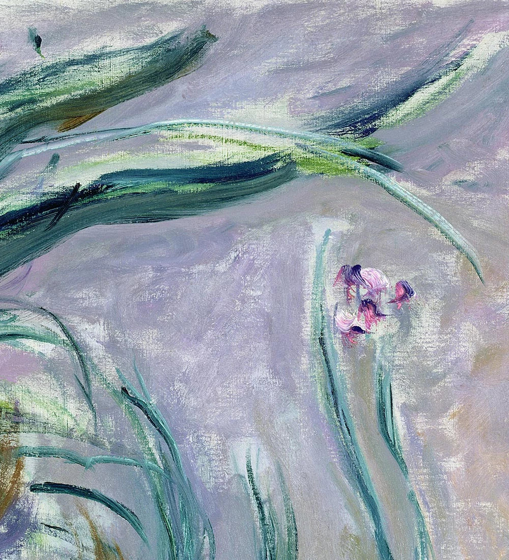 Détail des fleurs mauves et des feuilles arquées dans Iris de Claude Monet