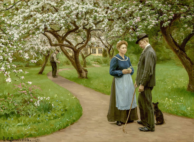 Jeune couple sous des arbres fruitiers en fleurs, au printemps. - H. A. Brendekilde