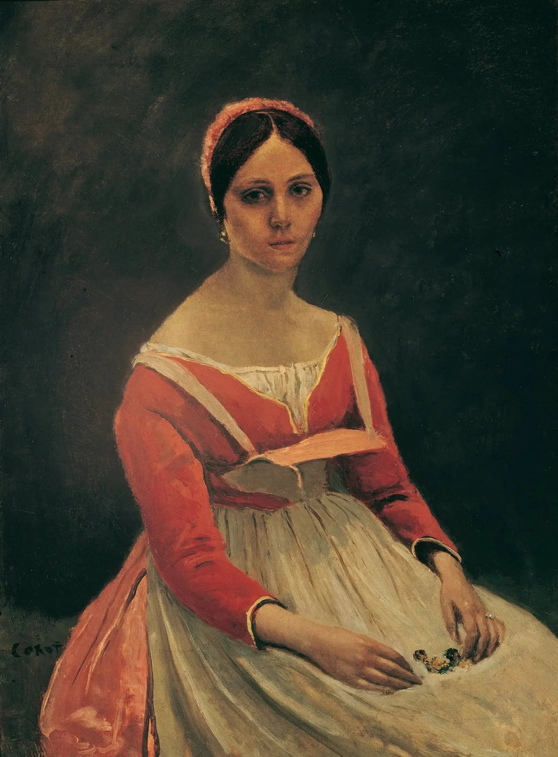 Jeune femme assise, des fleurs entre les mains - Jean-Baptiste Camille Corot