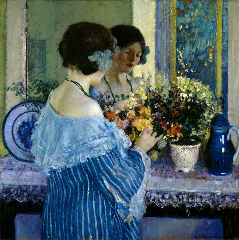 Jeune fille en bleu arrangeant des fleurs - Frederick Carl Frieseke