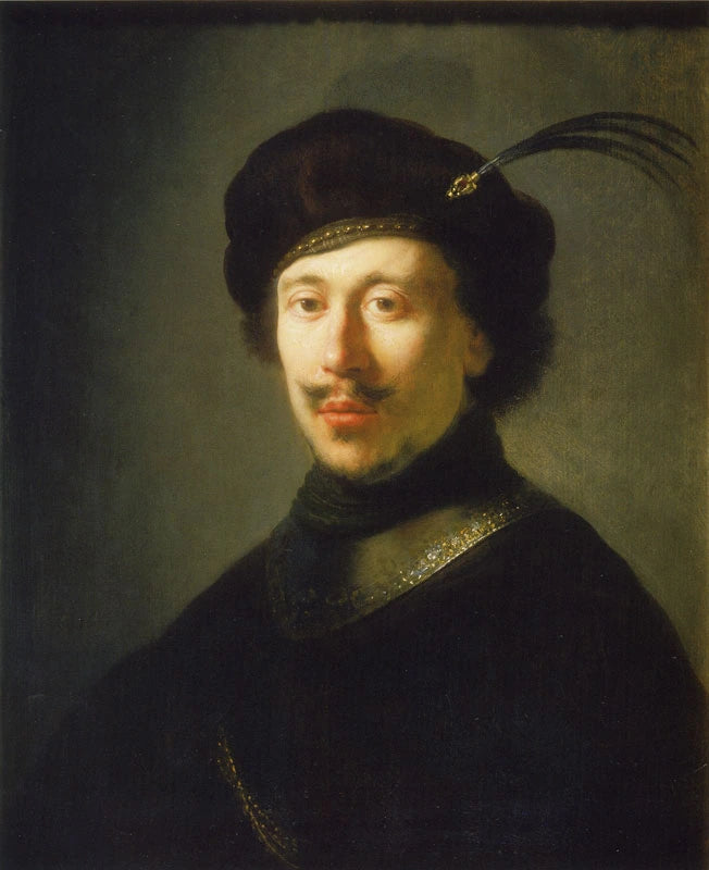Jeune homme en gorgerin et bonnet à plume – atelier de Rembrandt, vers 1631–1632