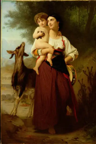 Jeune mère en costume de campagne avec son enfant et une chèvre - Bouguereau