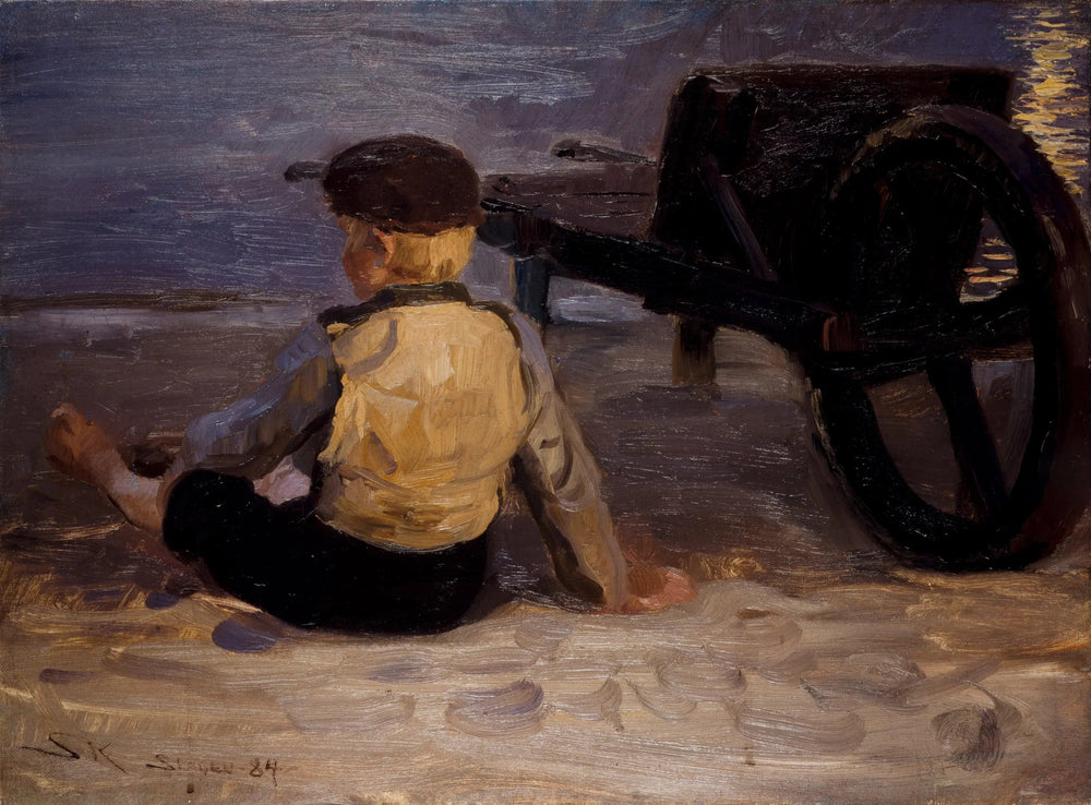 Jeune pêcheur assis à côté d'une brouette. Plage sud de Skagen. - Peder Severin Krøyer image 1 copie peinte à la main à l’huile