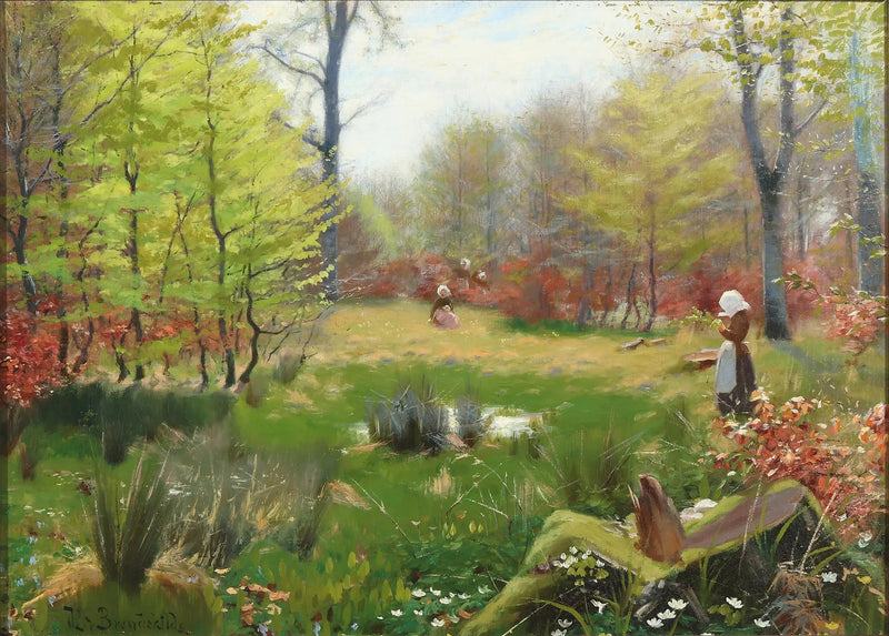 Jeunes filles cueillant des anémones dans une forêt printanière - H. A. Brendekilde