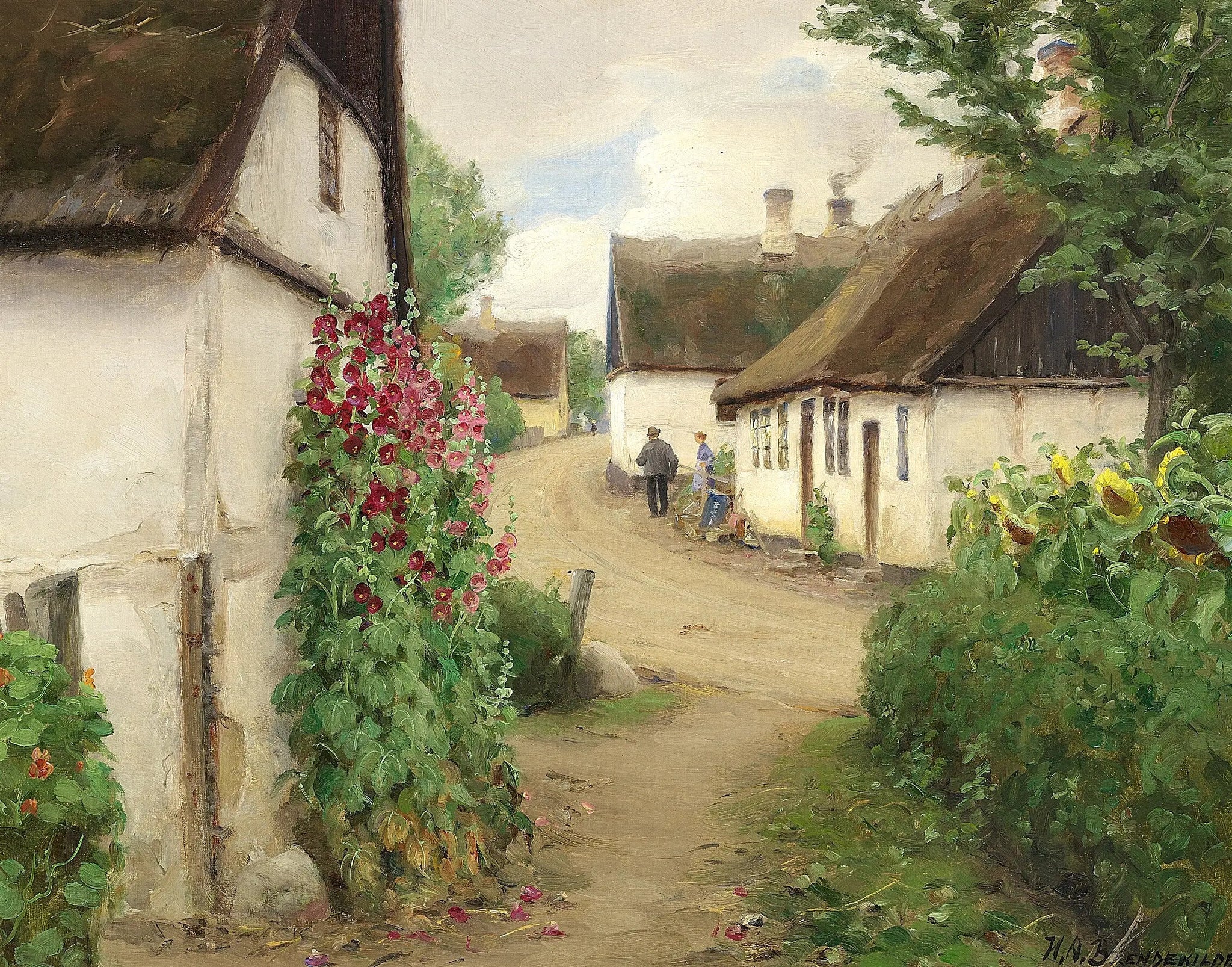 Journée d'été dans un village avec des tournesols et des roses trémières rouges. - H. A. Brendekilde image 1 copie de tableau peinte à la main