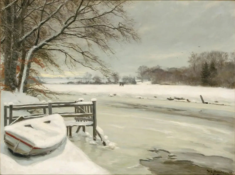 Journée d'hiver au bord d'un ruisseau, avec des chasseurs en arrière-plan. - H. A. Brendekilde