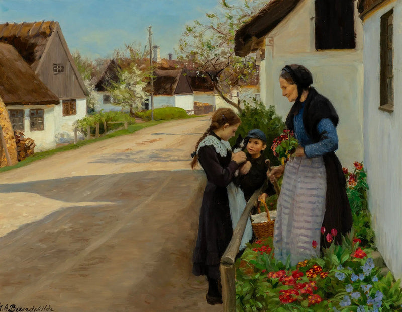 Journée de printemps au village. Le chaton est offert à grand-mère. - H. A. Brendekilde
