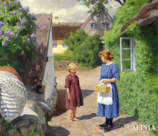 Journée d'été à Jyllinge. Lilas en fleurs et petites filles dans la rue du village - Hans Andersen Brendekilde - Reproductions de tableaux et peintures haut de gamme