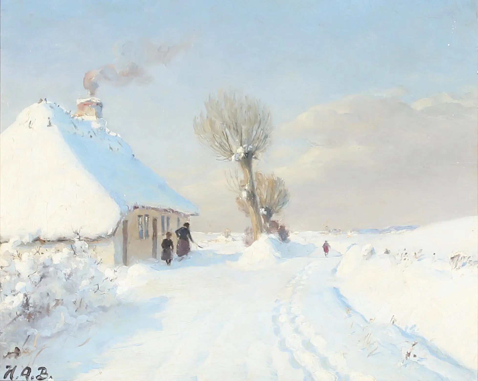Journée d’hiver ensoleillée avec mère et enfant devant un chalet. - H. A. Brendekilde - Alpha Reproduction