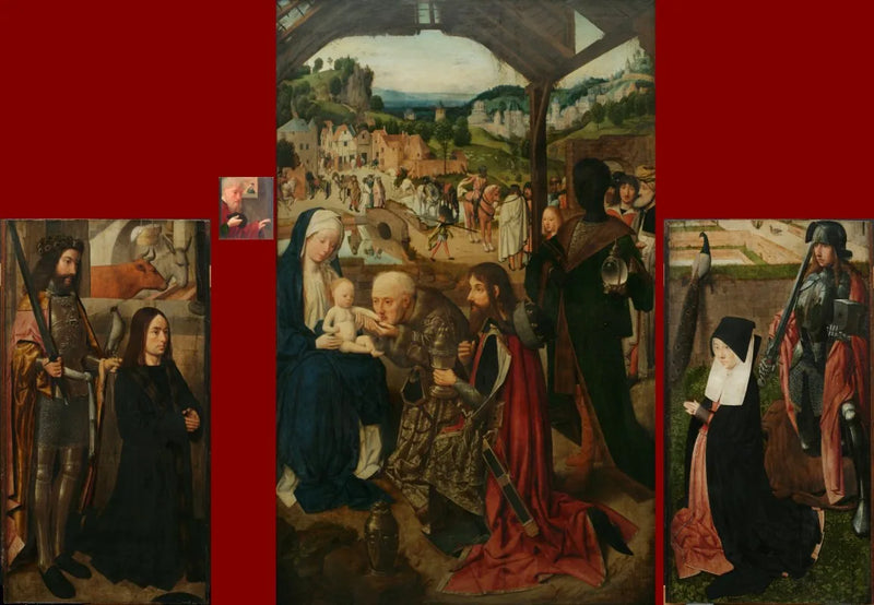 L'Adoration des Mages, retable à volets ; volet gauche : le donateur avec saint Bavon ; volet droit : l'épouse du donateur avec saint Adrien - Geertgen tot Sint Jans