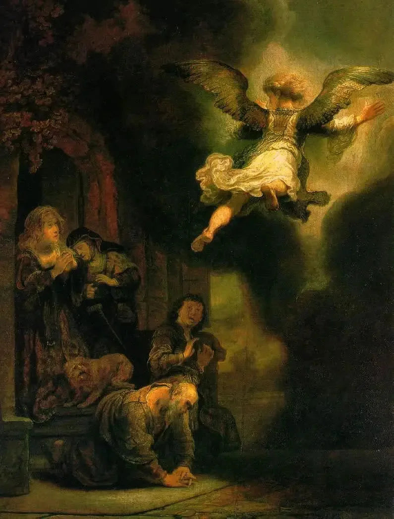 L'Archange Raphaël quittant la famille de Tobie - Rembrandt