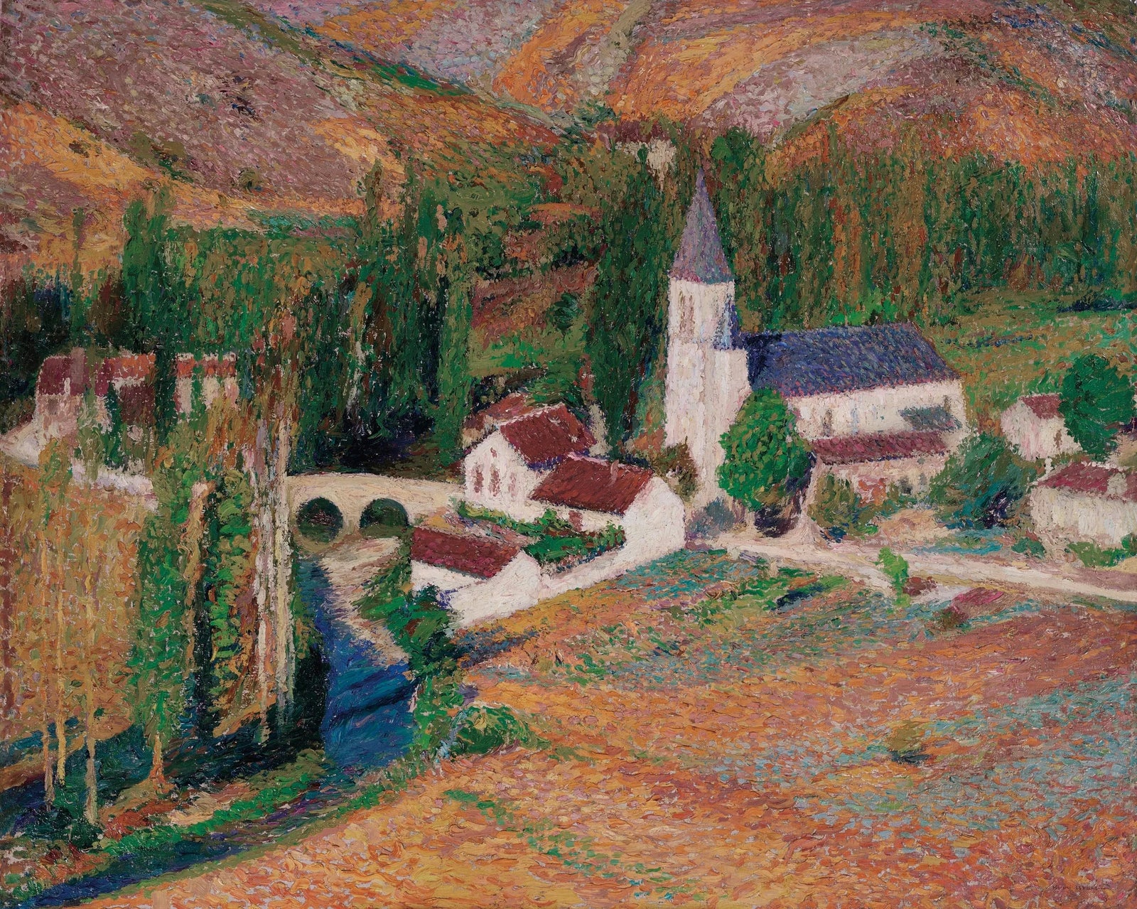 L’église de Labastide-du-Vert avec le pont et la rivière, un soir d’automne - Henri-Jean Guillaume Martin image 1 reproduction artisanale de tableau