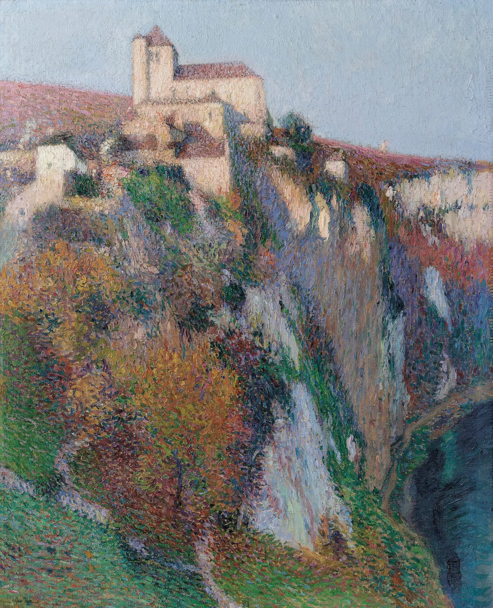 L’église Saint-Cirq Lapopie perchée sur la falaise de la boucle du Lot, ciel bleu - Henri-Jean Guillaume Martin image 1 tableau peint à l’huile sur toile