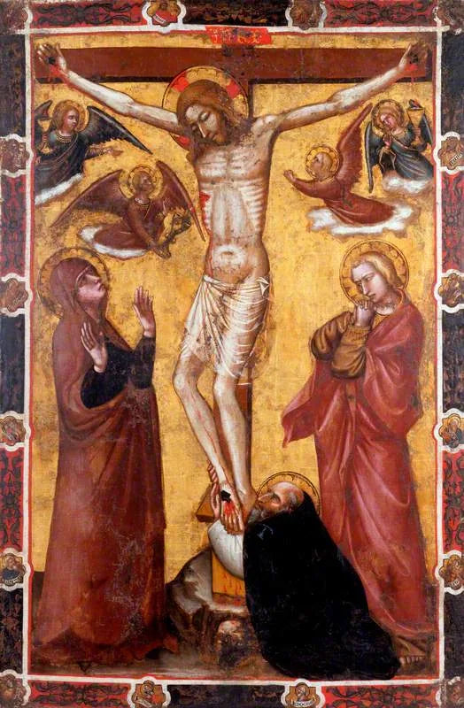La Crucifixion avec la Vierge et saint Jean ; saint Antoine l'abbé au pied de la croix (un côté d'une bannière processionnelle) (autrefois attribuée à Barnaba da Modena) - Spinello Aretino