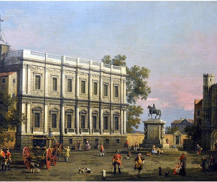 La Maison des Banquets et la Porte Holbein, Whitehall, avec la statue équestre du roi Charles Ier - Canaletto