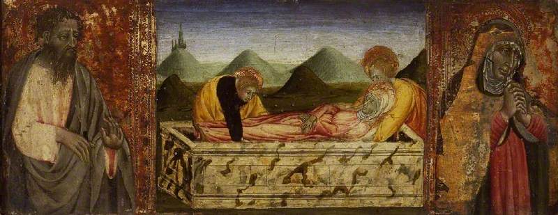 La mise au tombeau de la Vierge avec saint Barthélemy (à gauche) et une sainte (à droite) - Giovanni di Paolo
