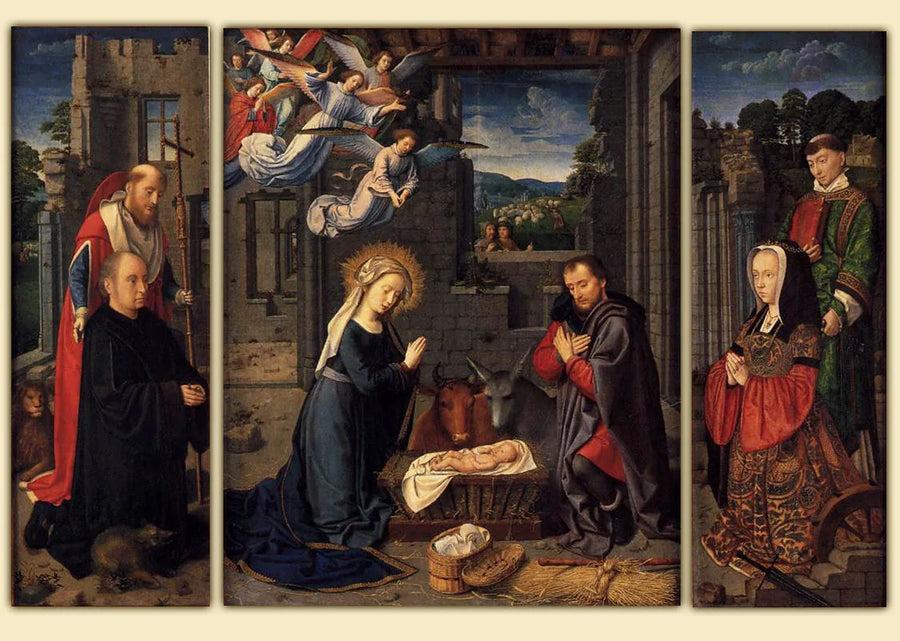 La Nativité avec les donateurs et les saints Jérôme et Léonard - Gérard David