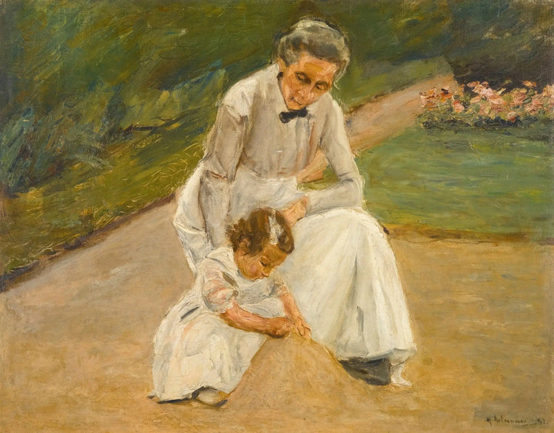La petite-fille de l'artiste et sa nourrice jouant dans le jardin - Max Liebermann