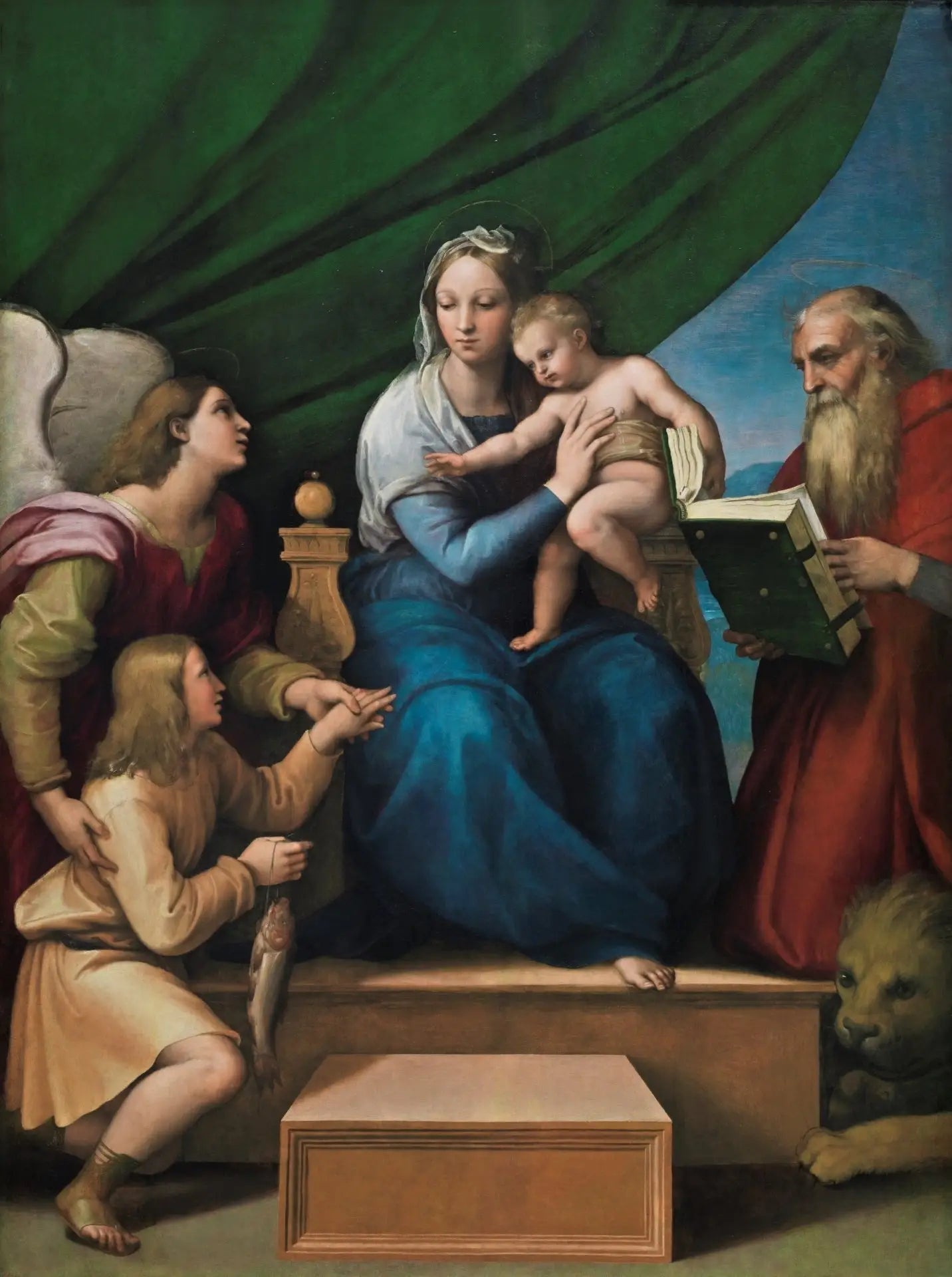 Reproduction du tableau « La Sainte Famille avec Raphaël, Tobias et saint Jérôme - Raphaël Sanzio » par Alpha Reproduction en peinture à l’huile