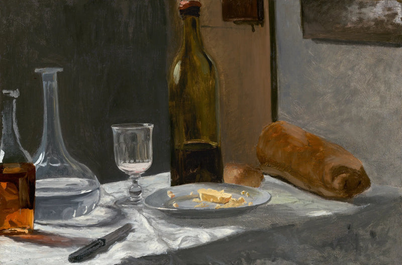 La vie morte avec bouteille, carafe, pain et vin - Claude Monet