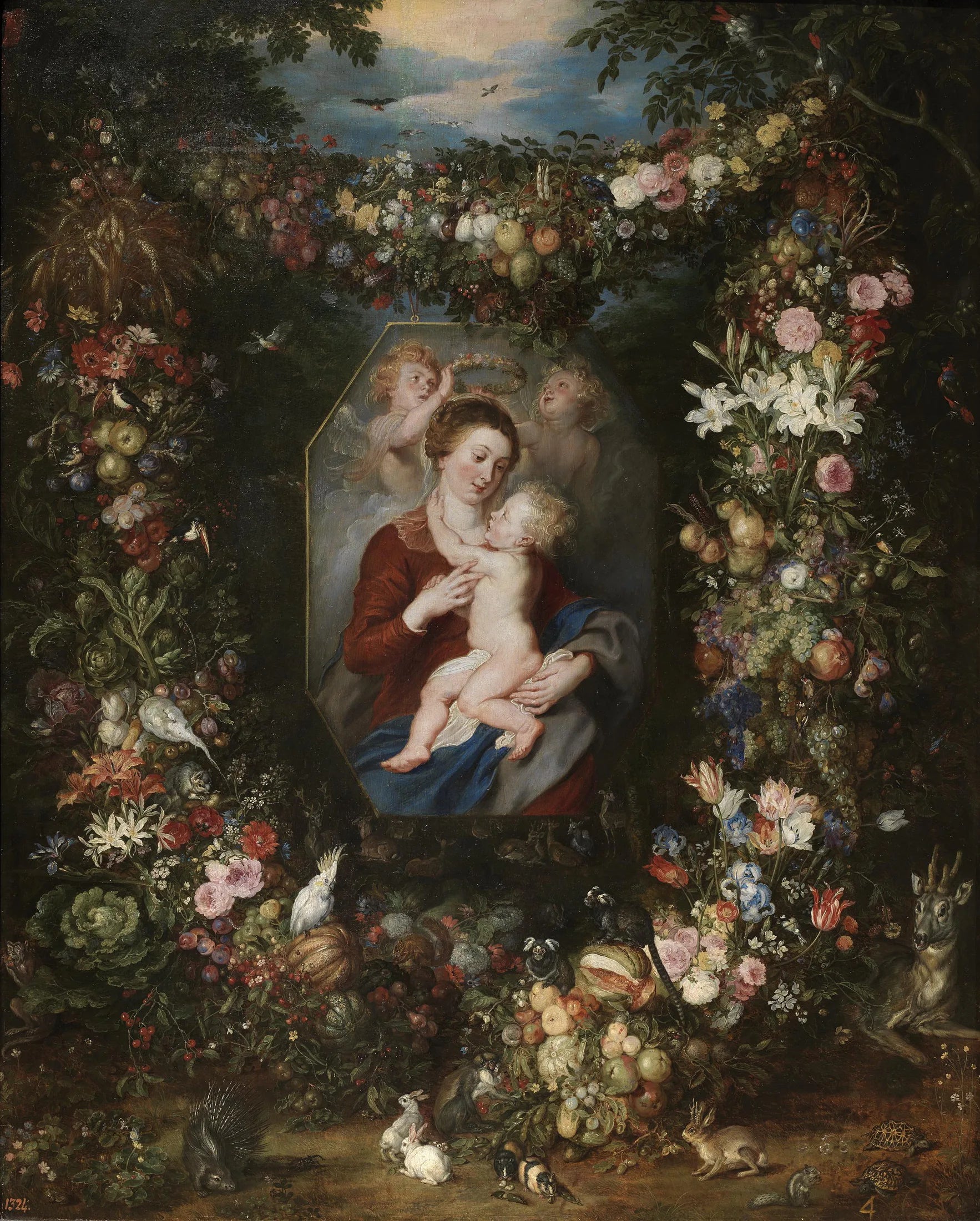 La Vierge à l'Enfant dans un tableau entouré de fruits et de fleurs - Jan Brueghel l'Ancien image 1 copie de tableau peinte à la main