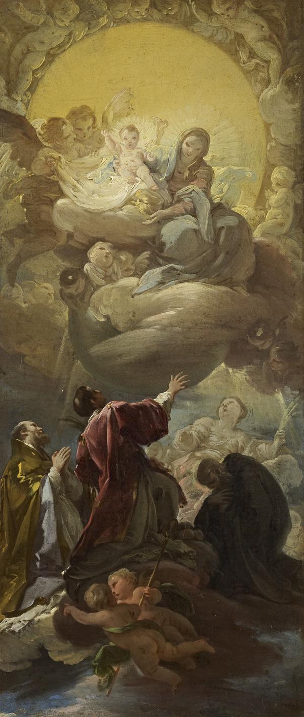 La Vierge à l'Enfant en gloire apparaissant à saint Étienne et à trois autres saints - Corrado Giaquinto
