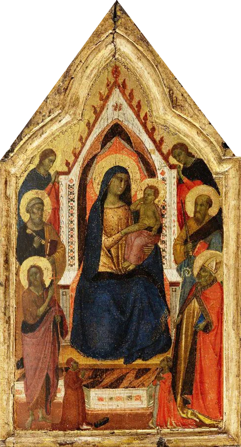 La Vierge à l'Enfant trônant, flanquée des saints Jean-Baptiste, Pierre, Paul et Zénobe (?) et de deux anges, en dessous d'eux deux donateurs - Taddeo Gaddi