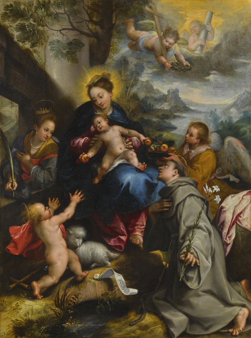 La Vierge à l'Enfant avec sainte Catherine, saint Dominique et le petit saint Jean-Baptiste, un paysage au-delà - Denis Calvaert