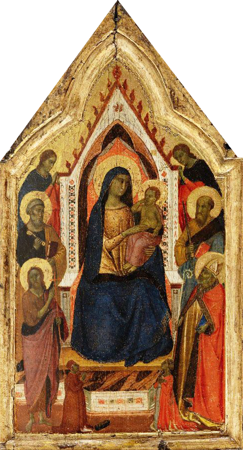 La Vierge à l'Enfant trônant, flanquée des saints Jean-Baptiste, Pierre, Paul et Zénobe (?) et de deux anges, en dessous d'eux deux donateurs - Taddeo Gaddi