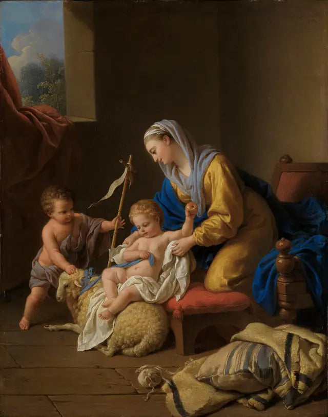 La Vierge amuse l'enfant Jésus, le petit Saint Jean avec un mouton - Louis Jean François Lagrenée