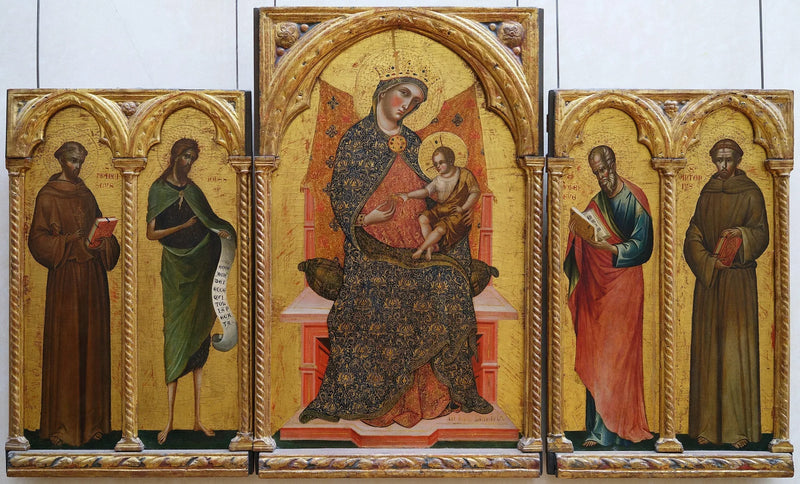 La Vierge et l'Enfant, Saints François d'Assise, Jean Baptiste, Jean l'Evangéliste et Antoine de Padoue - Paolo Veneziano