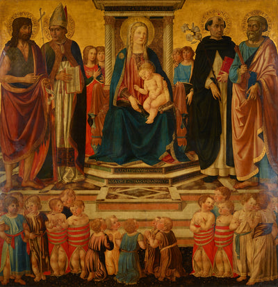 La Vierge et l’Enfant bénissant trônant avec les saints Jean Augustin Dominique Pierre et les victimes du massacre