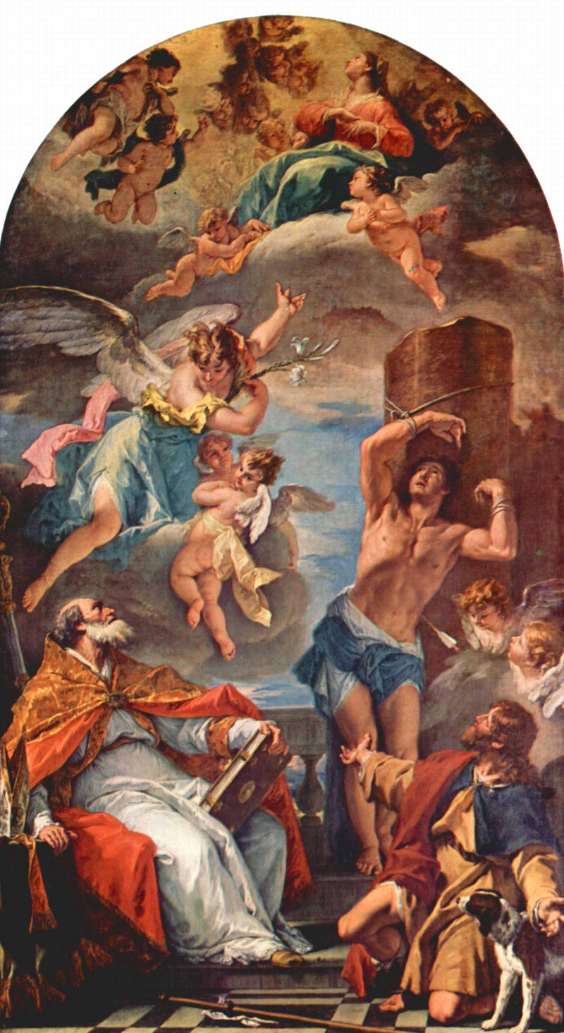 La Vierge Marie en gloire avec l'archange Gabriel et saint Eusèbe, saint Sébastien et saint Roch - Sebastiano Ricci