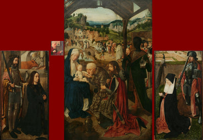 L’Adoration des Mages retable à volets ; volet gauche : le donateur avec saint Bavon ; volet droit : l’épouse