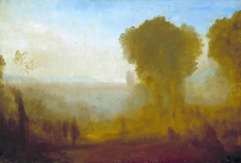 Landscape with Tower, Trees and Figures; possibly Arcueil near Paris - J. M. W. Turner