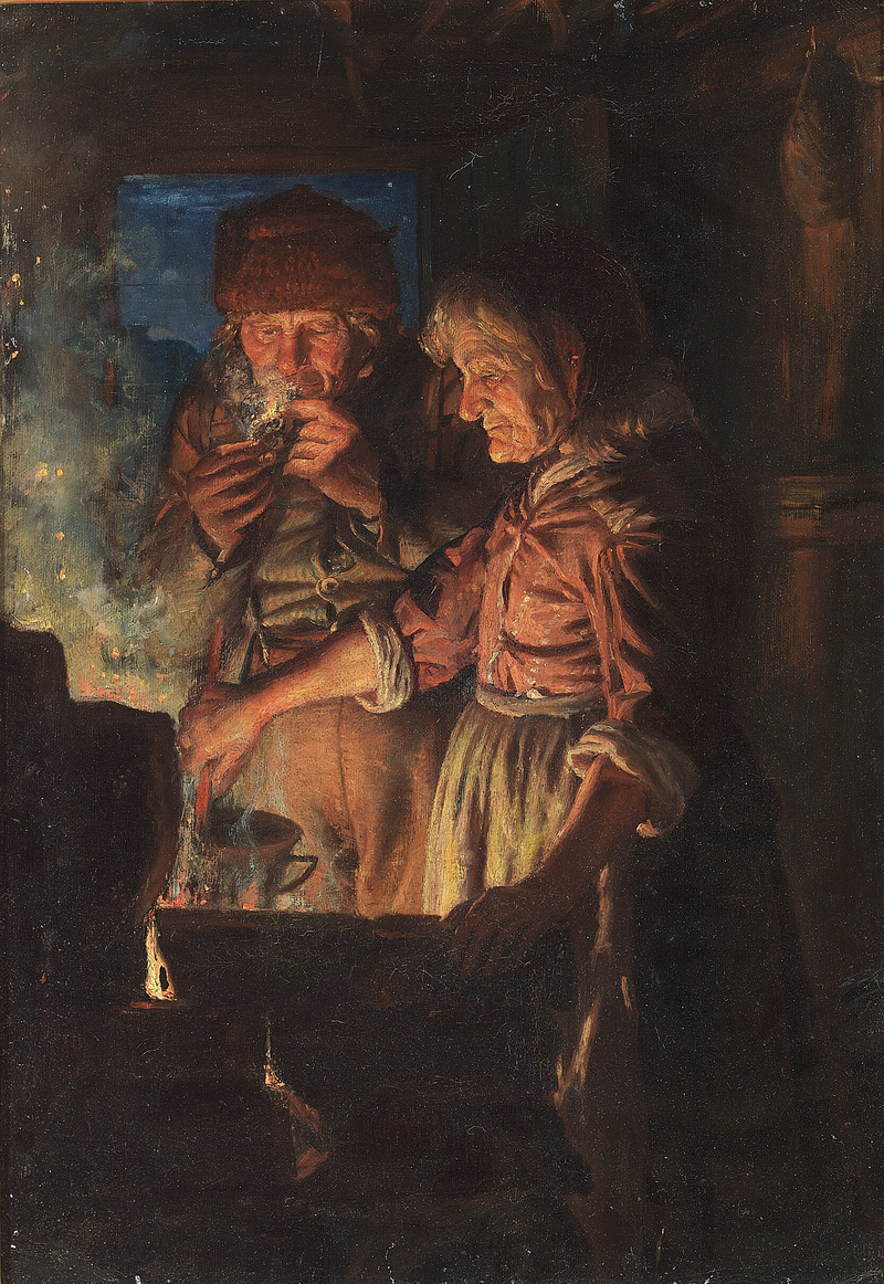 Lars Gaihede et sa femme près de la cheminée, Stifi remuant la marmite. - Michael Peter Ancher