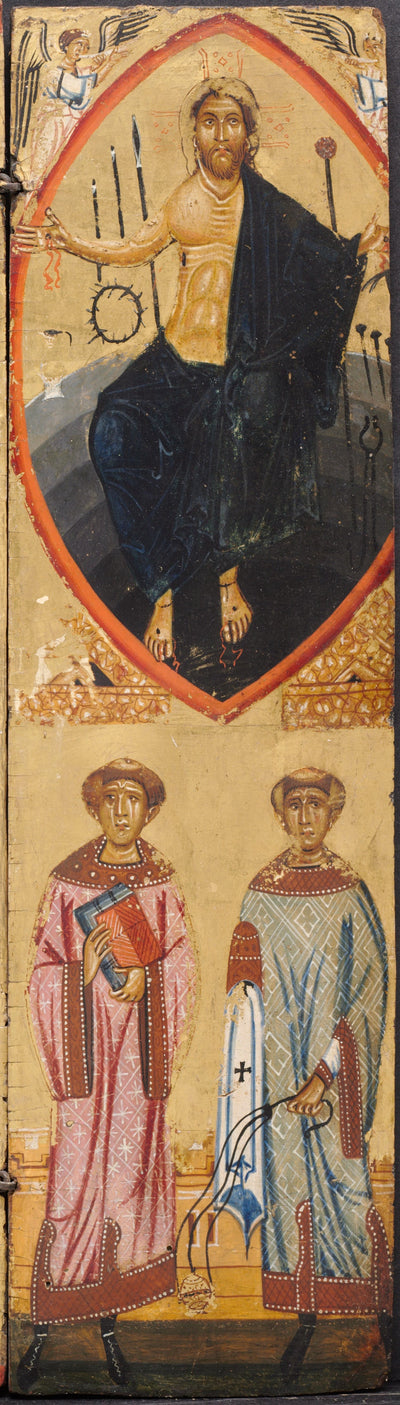 Le Christ dans une mandorle avec les instruments de la Passion avec saint Étienne et saint Laurent en dessous