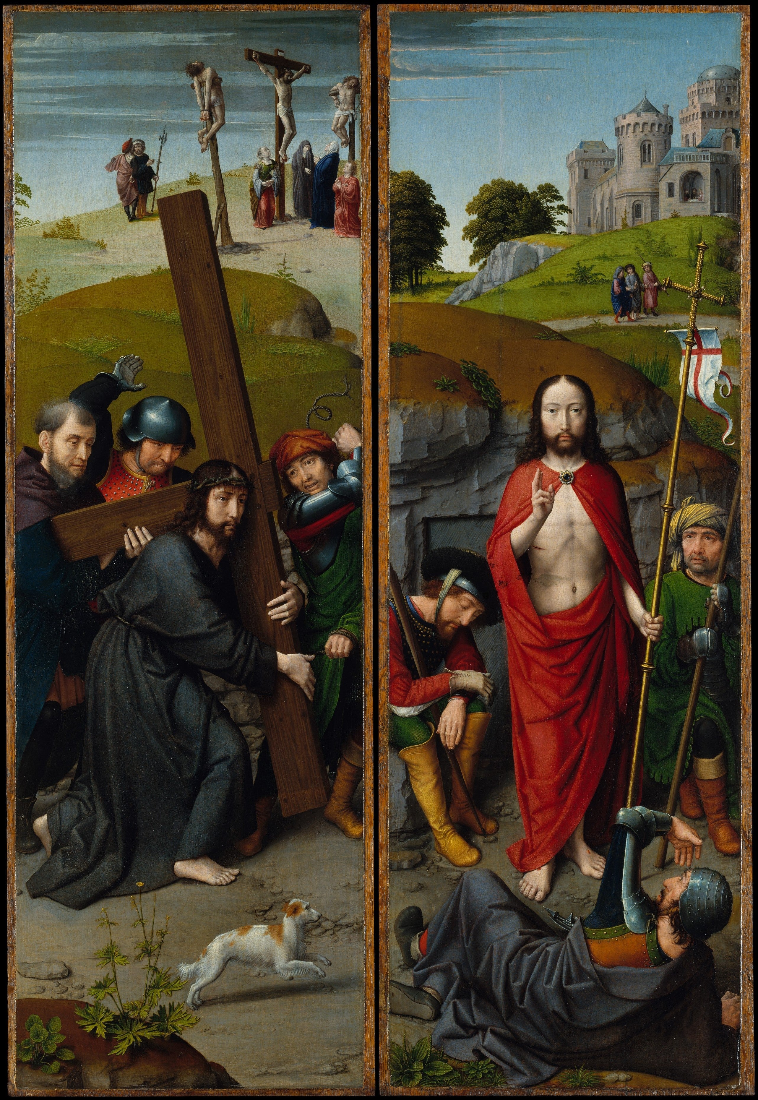 Le Christ portant la croix, avec la crucifixion ; la Résurrection, avec les pèlerins d'Emmaüs - Gérard David