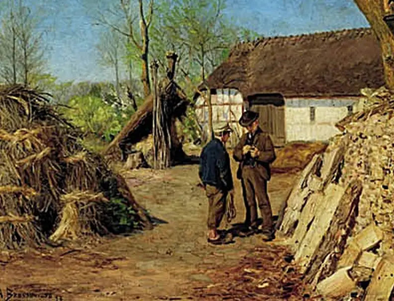 Le fils d'un jeune fermier parle à un jeune paysan. - H. A. Brendekilde