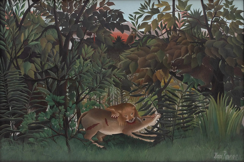 Le lion, ayant faim, se jette sur l'antilope - Henri Rousseau