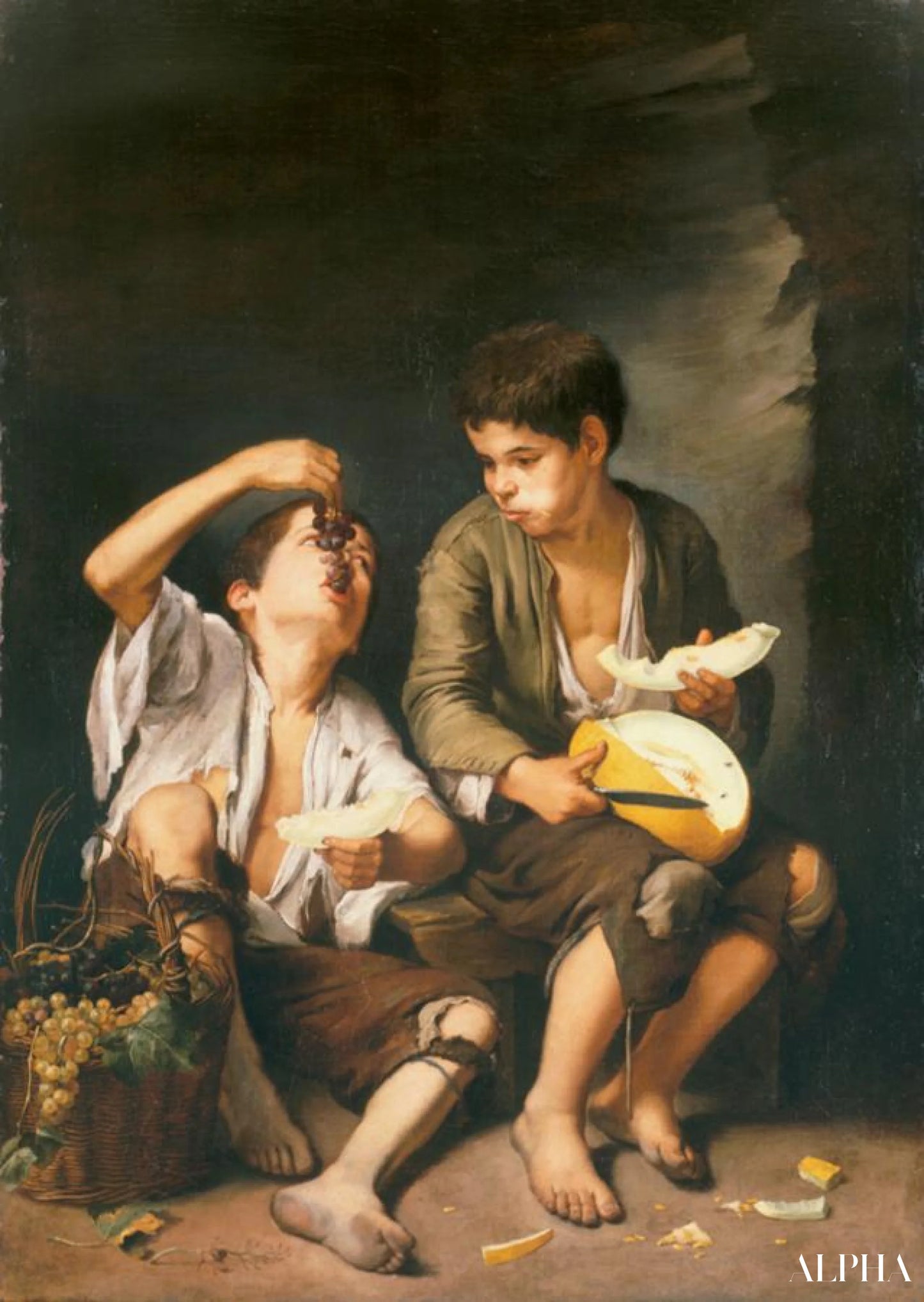 Reproduction du tableau « Le Mangeur de melon et de raisin - Bartolomé Esteban Murillo » par Alpha Reproduction en peinture à l’huile