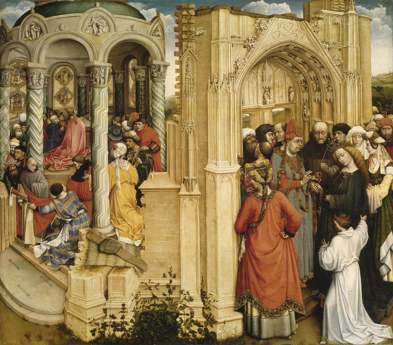 Le miracle du rameau fleuri (à gauche) ; le mariage de Marie et Joseph (à droite) - Robert Campin