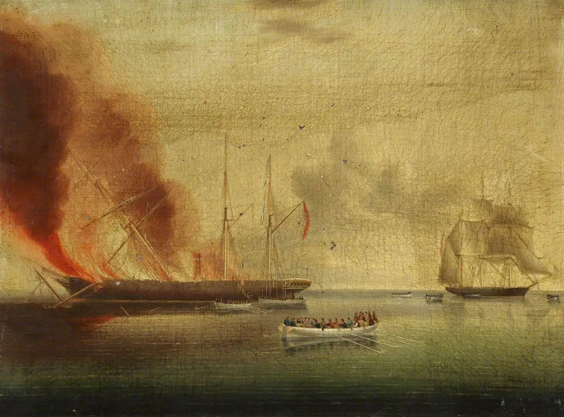 Le navire à vapeur « Glasgow » en feu au large de Nantucket, le 31 juillet 1865 : passagers et équipage secourus par le « Rosamund » - James E. Buttersworth