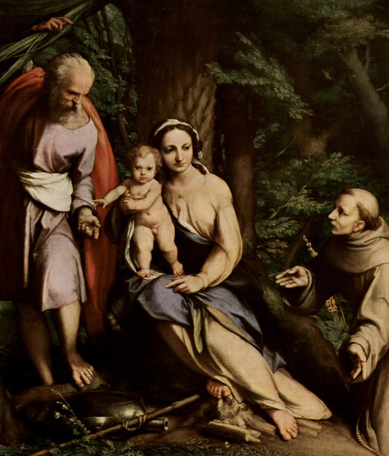 Le Repos pendant la Fuite en Égypte avec saint François - Antonio da Correggio